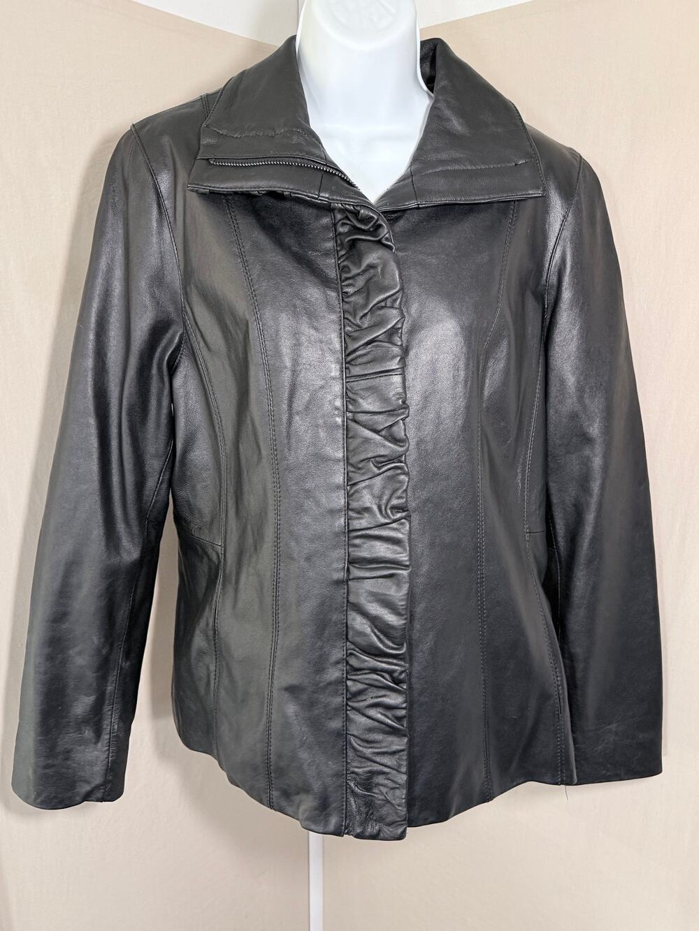 Jones New York Genuine Leather Ruffle Front Jacket L